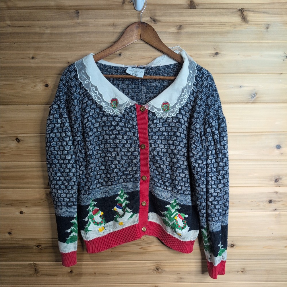 Sweater Loft Vintage Christmas Cardigan Geese Lace Collar Blue Large USA Made